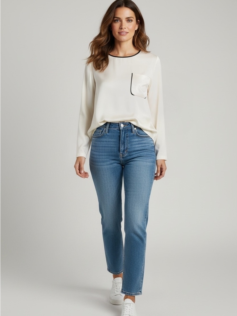 Theory Tehya Pearl Ivory Satin Tunic Top Black Piping Pocket- S- MSRP $195